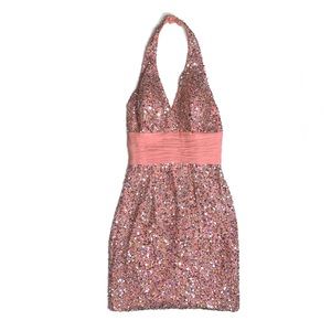 Glitz pink sparkly sequin halter body con dress